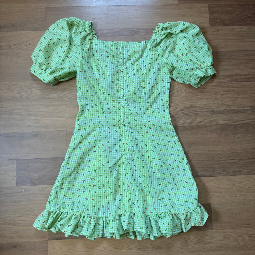 Women's Vintage 1970's Handmade Green Roses Floral Ruffle Puff Sleeve Dress Sz M - Picture 6 of 10